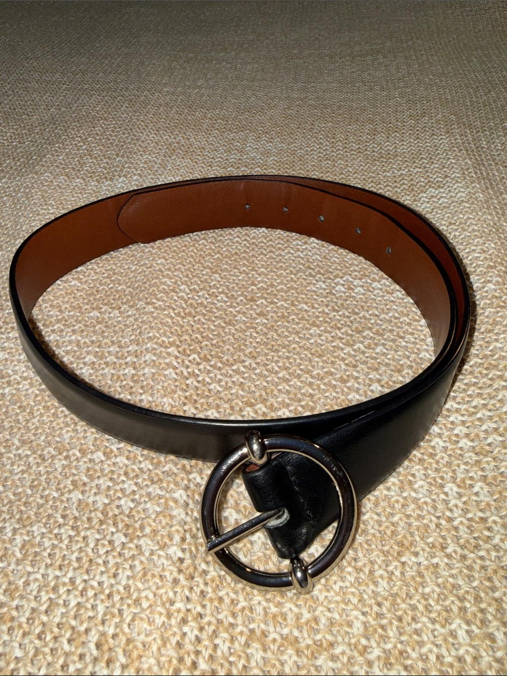 Women's Black Leather Belt with Round Silver-Tone Buckle